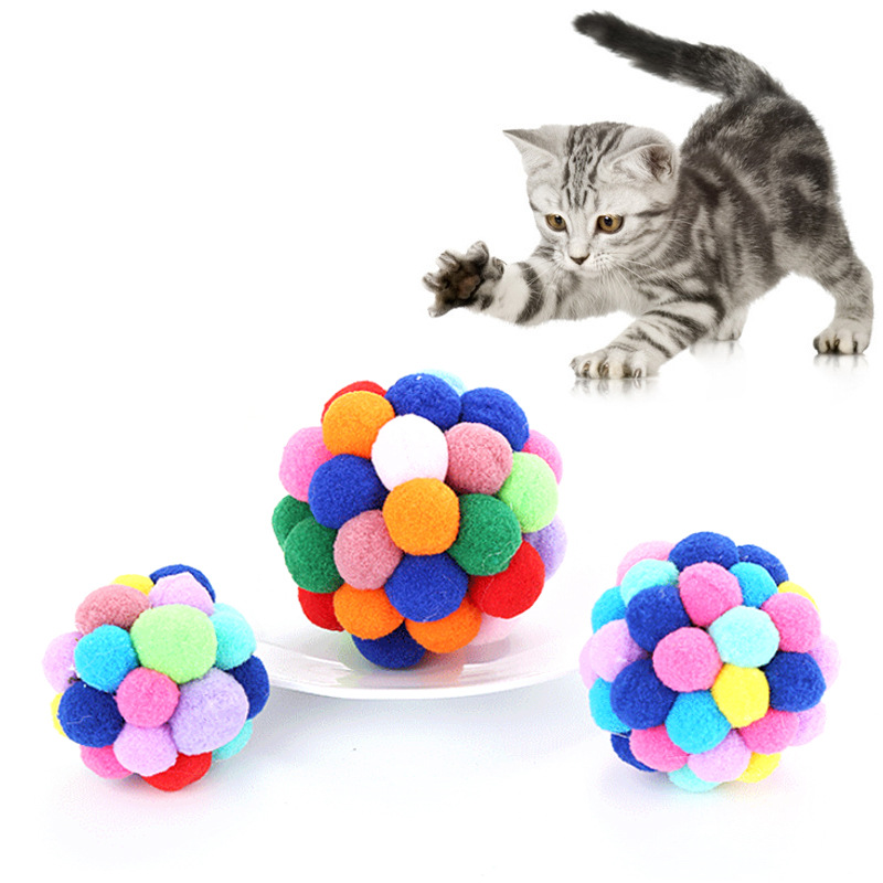 宠物猫玩具球套装七彩手工铃铛弹力球自嗨宠物用品耐抓耐咬毛绒球