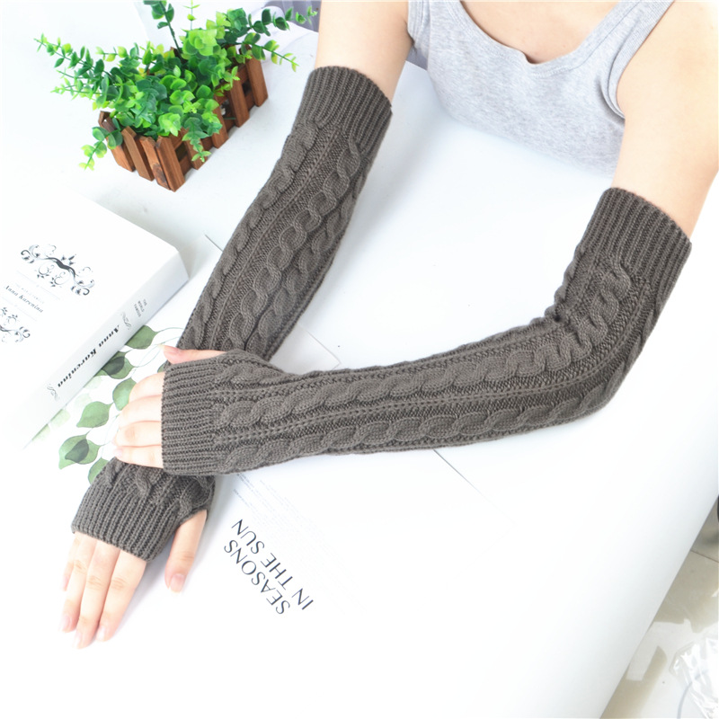 Yifan Autumn and Winter Outdoor Travel Warm Cold-proof Solid Color Twist Long Half-finger Elastic Sleeve Knitted Arm Cover for Women_voghion.com