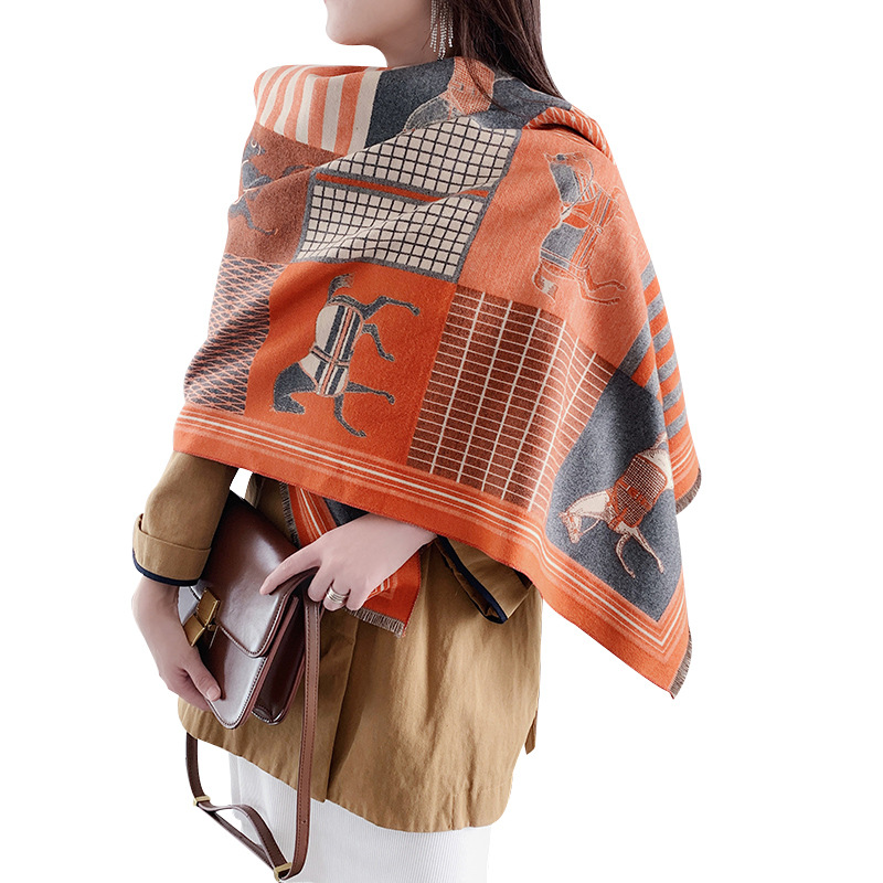 2023 winter European and American imitation cashmere warm carriage scarf women's double-sided two-color shawl long warm scarf