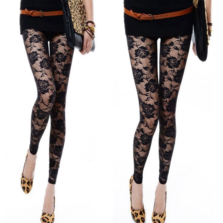 2019 spring and summer new European and American fashion rose mesh leggings sexy perspective lace cropped leggings
