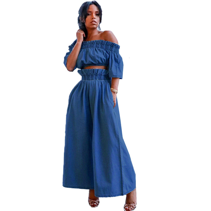 New Shoulder Crop Top European and American Ruffled Short Sleeve Wide Leg Solid Color Denim Suit Women