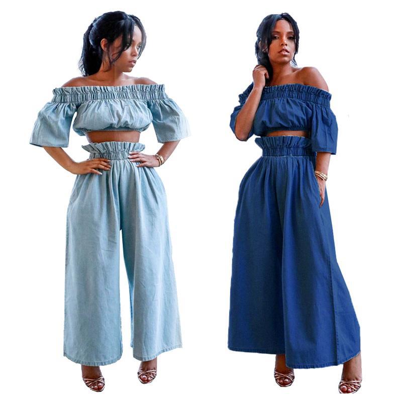 New Shoulder Crop Top European and American Ruffled Short Sleeve Wide Leg Solid Color Denim Suit Women