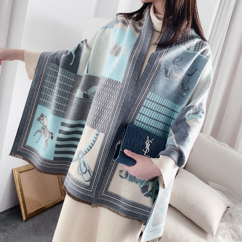 2023 winter European and American imitation cashmere warm carriage scarf women's double-sided two-color shawl long warm scarf