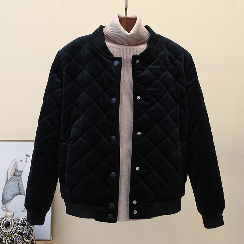 Veste courte en coton rembourrée Harajuku pour femme, nouveau style coréen d'hiver 2024, veste de baseball épaisse en velours doré à losanges, veste rembourrée en coton_voghion.com