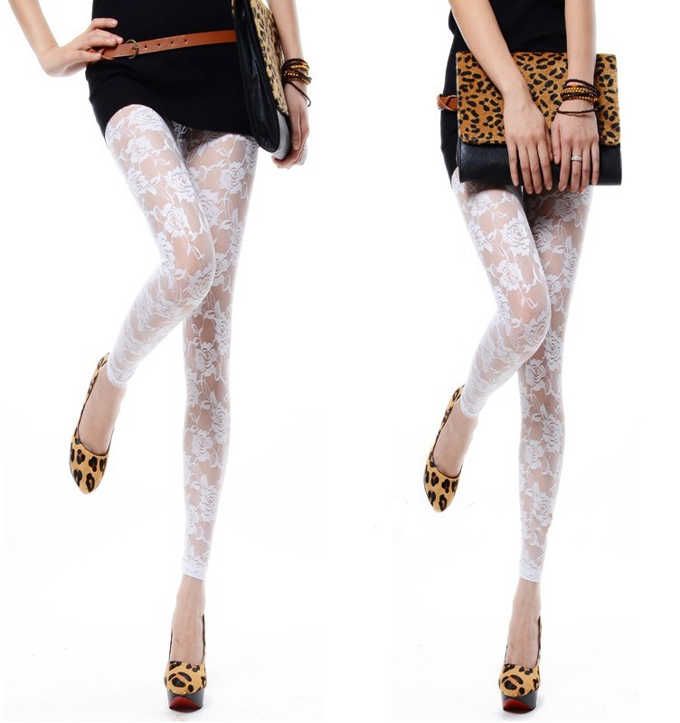 2019 spring and summer new European and American fashion rose mesh leggings sexy perspective lace cropped leggings