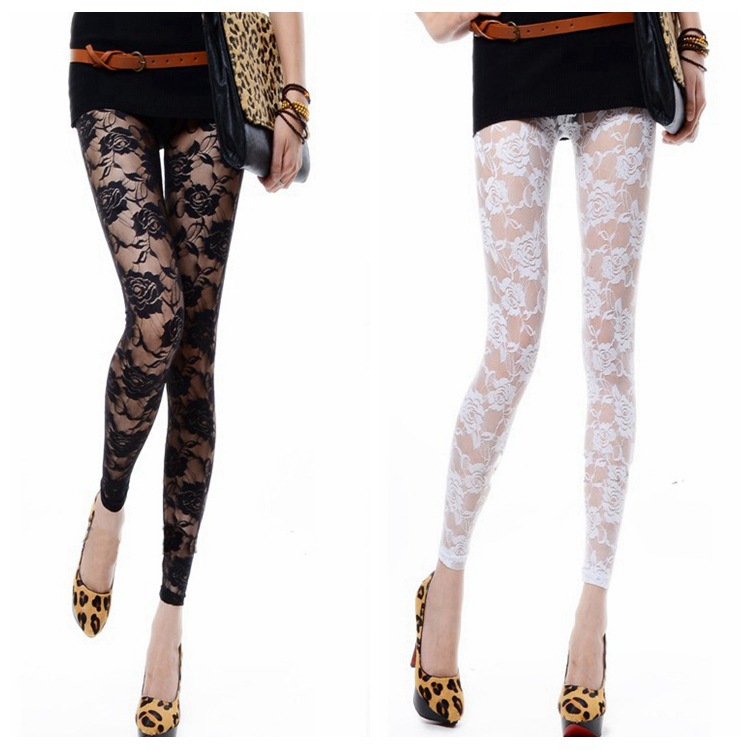 2019 spring and summer new European and American fashion rose mesh leggings sexy perspective lace cropped leggings