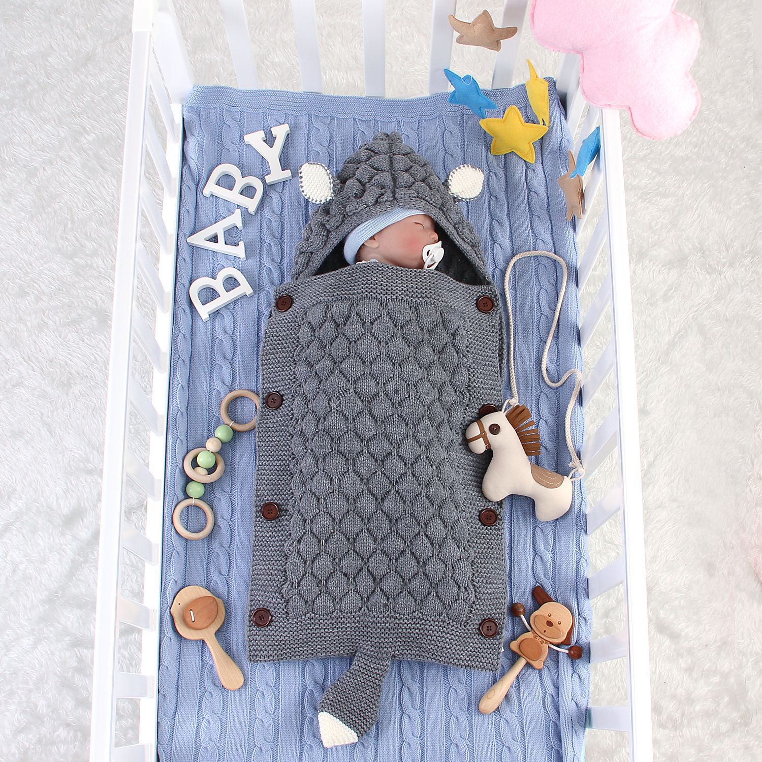 Cross-border hot sale spring and autumn baby sleeping bag cute shape solid color newborn anti-kick quilt explosion hooded knitted blanket quilt