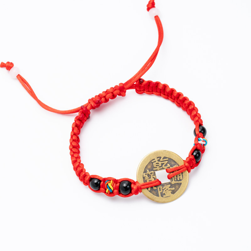 Hand-woven five Emperor money red rope bracelet pure brass five Emperor money Qianlong copper money lucky lucky bracelet