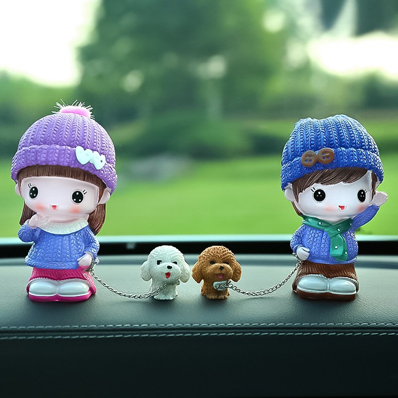 New Car Ornaments Car Cute Cartoon Couple Doll Dog Walking Combination Creative Car Office Ornaments