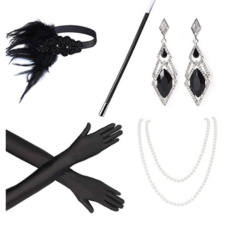 Amazon ebay hot single dance vintage feather hair band set headdress necklace earrings gloves cigarette Rod