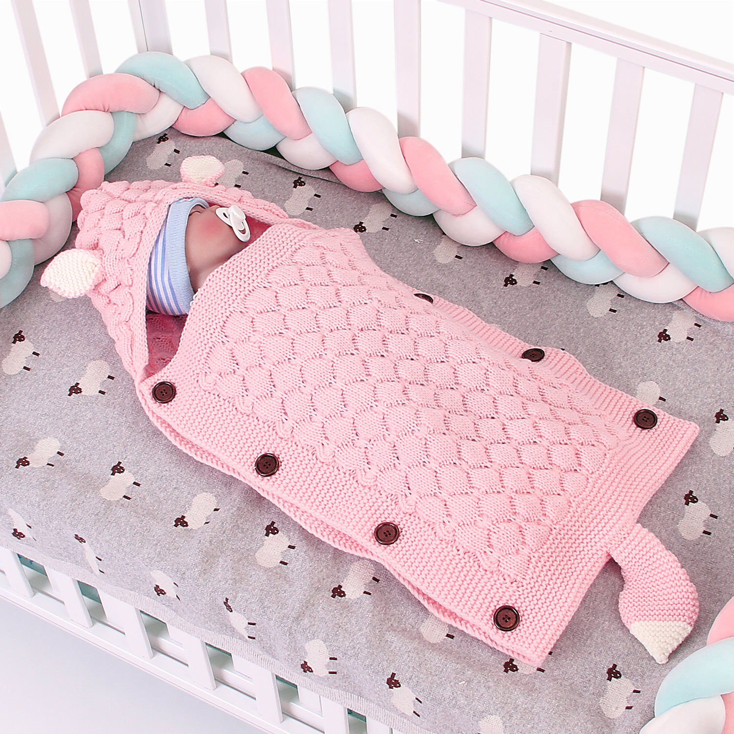 Cross-border hot sale spring and autumn baby sleeping bag cute shape solid color newborn anti-kick quilt explosion hooded knitted blanket quilt