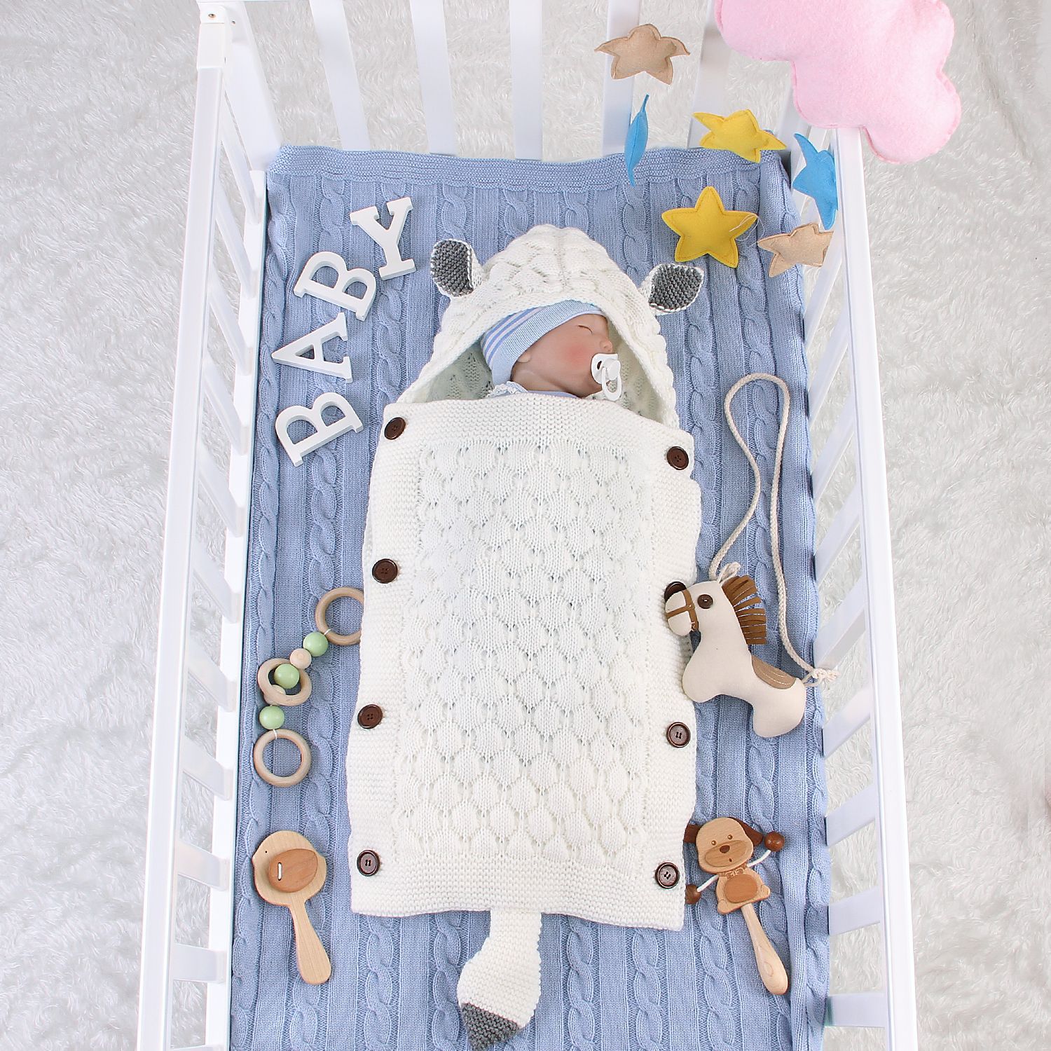 Cross-border hot sale spring and autumn baby sleeping bag cute shape solid color newborn anti-kick quilt explosion hooded knitted blanket quilt