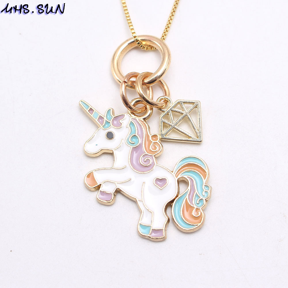 New Oil Dropping Unicorn Pendant Chain Necklace Alloy Box Chain Cartoon Small Pendant Children's Necklace