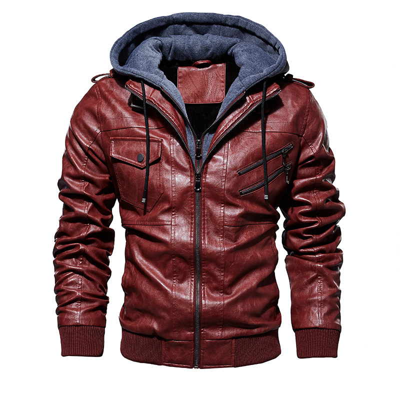 2019 European and American Autumn and Winter Amazon AliExpress WISH Men's Leather Jacket Men's Pu Leather Hooded Leather Jacket T14