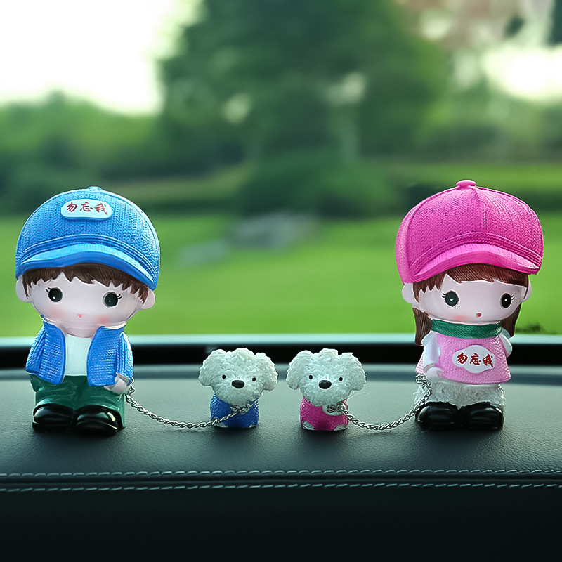 New Car Ornaments Car Cute Cartoon Couple Doll Dog Walking Combination Creative Car Office Ornaments