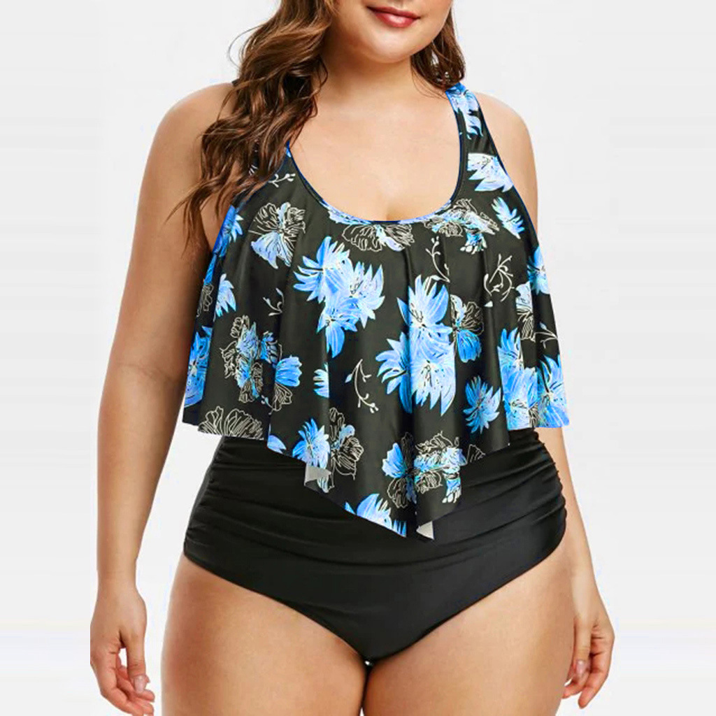 Cross-border European and American Swimsuit New bikini High Waist Ruffle Printed Swimsuit Striped Split bikini Plus Size