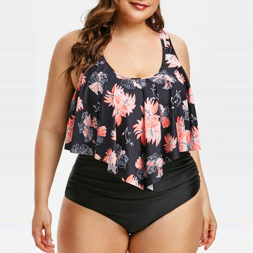 Cross-border European and American Swimsuit New bikini High Waist Ruffle Printed Swimsuit Striped Split bikini Plus Size
