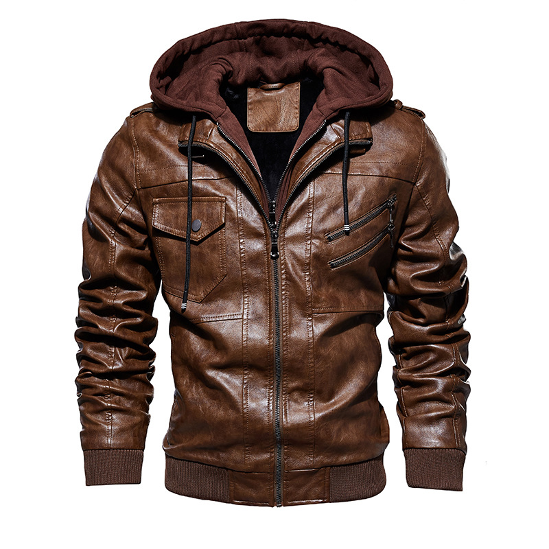 2019 European and American Autumn and Winter Amazon AliExpress WISH Men's Leather Jacket Men's Pu Leather Hooded Leather Jacket T14