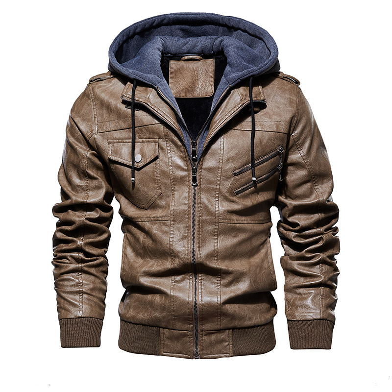 2019 European and American Autumn and Winter Amazon AliExpress WISH Men's Leather Jacket Men's Pu Leather Hooded Leather Jacket T14