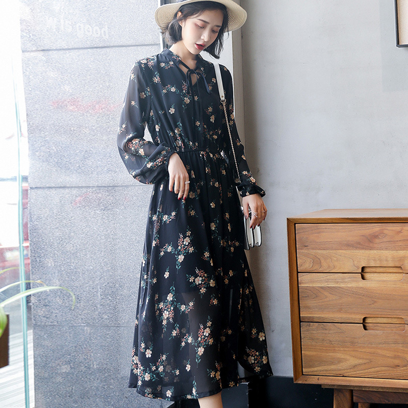 Korean Chiffon Dress Spring and Autumn 2023 New Women's Tight Waist Slimming Elegant Long Sleeve Floral Pleated Dress
