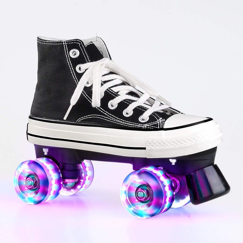 Adult double-row roller skates high-top classic canvas skates four-wheel roller skates men's and women's children's leisure flash wheel