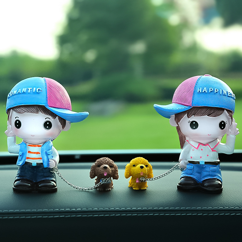 New Car Ornaments Car Cute Cartoon Couple Doll Dog Walking Combination Creative Car Office Ornaments