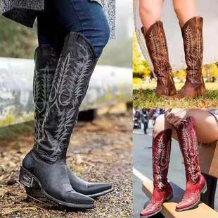 2019 Foreign Trade Embroidered Boots Women's Large Size Low Square Heel Women's European and American Style Boots 34-43