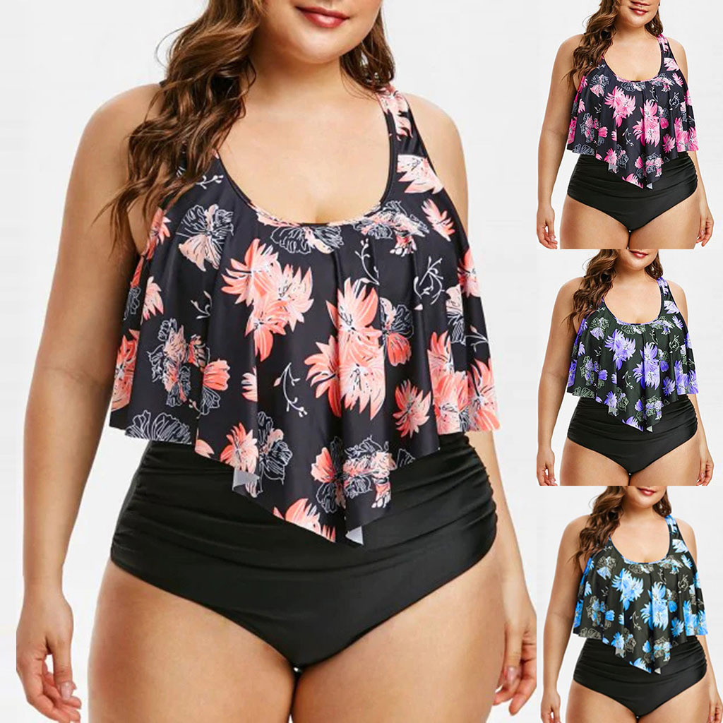 Cross-border European and American Swimsuit New bikini High Waist Ruffle Printed Swimsuit Striped Split bikini Plus Size