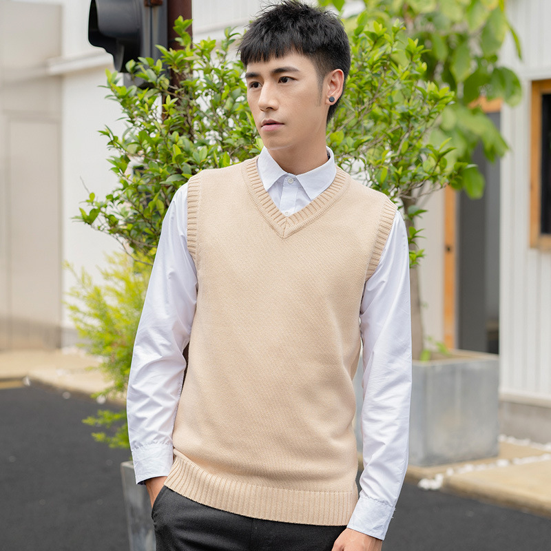 Men's Knitted Woolen Vest Boys Sleeveless Sweater V-Neck Pullover Vest Casual Business Simple Solid Color Cotton Sweater