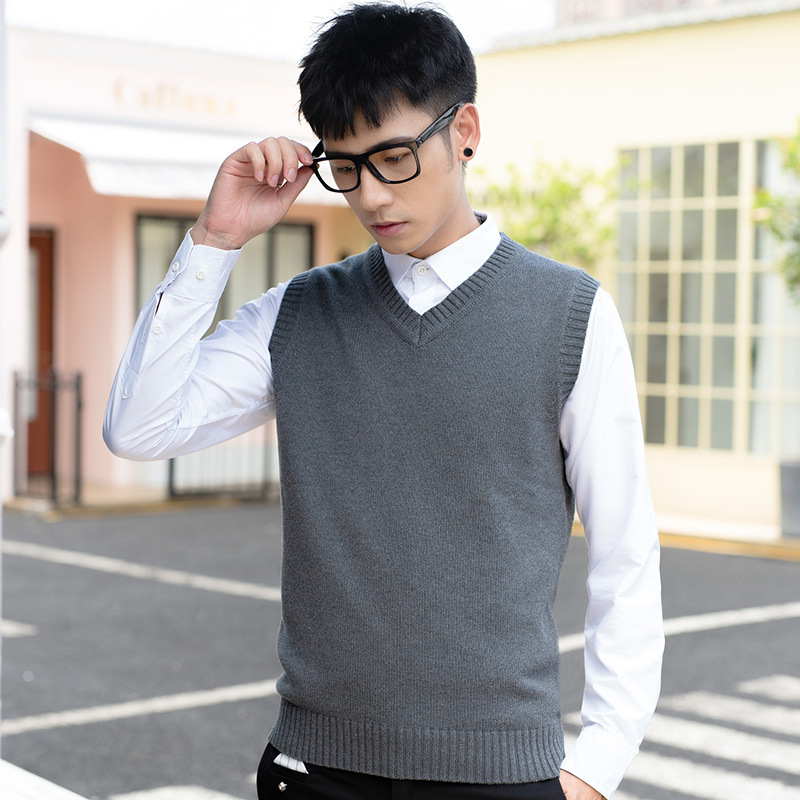 Men's Knitted Woolen Vest Boys Sleeveless Sweater V-Neck Pullover Vest Casual Business Simple Solid Color Cotton Sweater