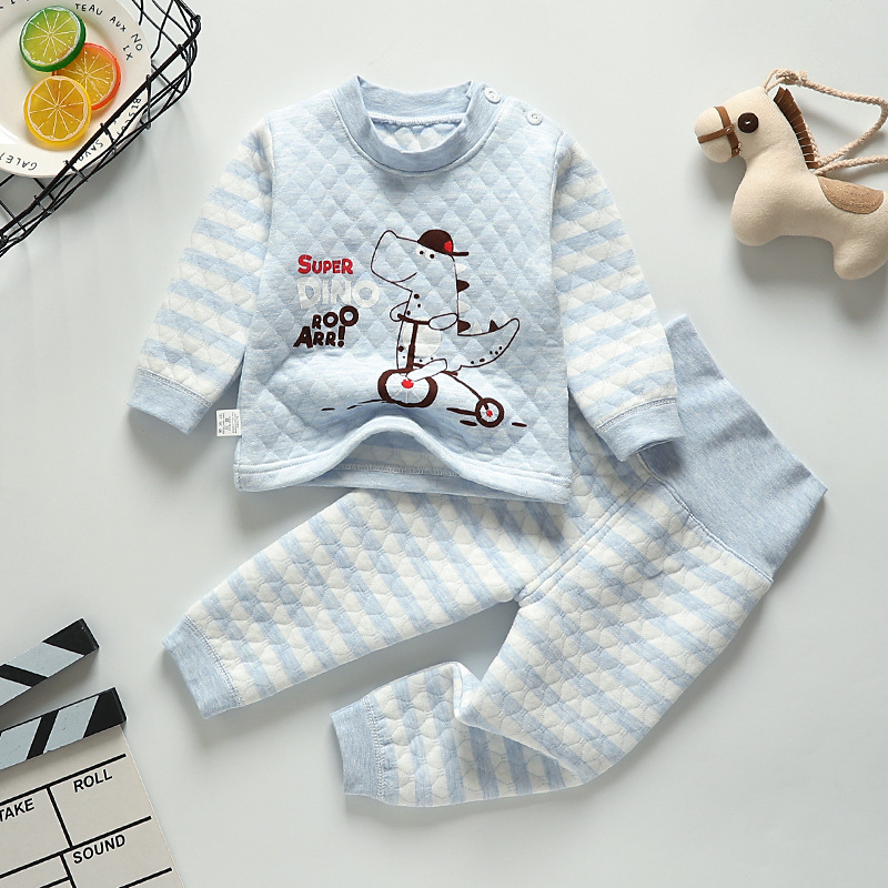 Baby's Colored Cotton Underwear Autumn and Winter Cotton Three-layer Warm Suit Small and Medium-sized Children's Thickened Pure Cotton Cardigan High Waist Pants Suit