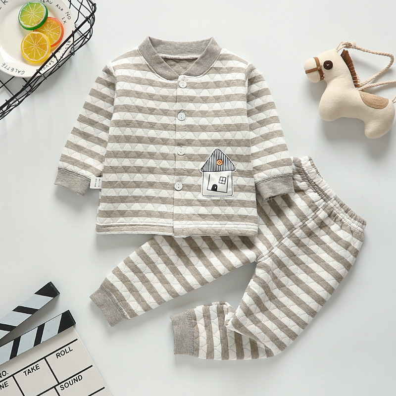 Baby's Colored Cotton Underwear Autumn and Winter Cotton Three-layer Warm Suit Small and Medium-sized Children's Thickened Pure Cotton Cardigan High Waist Pants Suit