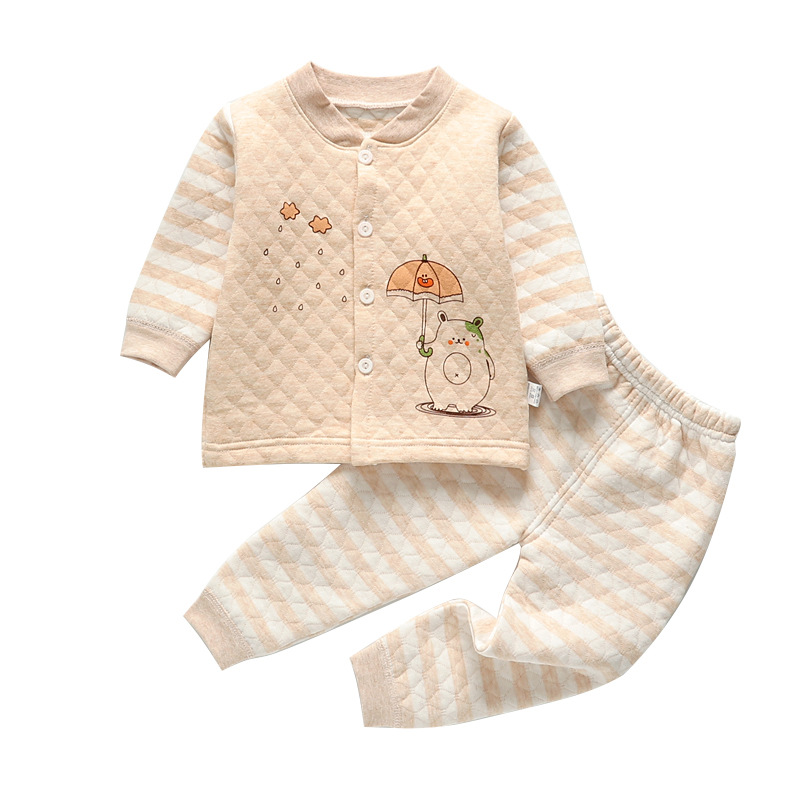 Baby's Colored Cotton Underwear Autumn and Winter Cotton Three-layer Warm Suit Small and Medium-sized Children's Thickened Pure Cotton Cardigan High Waist Pants Suit
