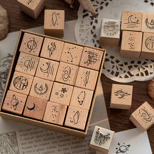 Mr. Paper Wooden Seal Set Moon and Sixpence Series 16 Pieces into Stationery Handbook Decorative DIY Seal