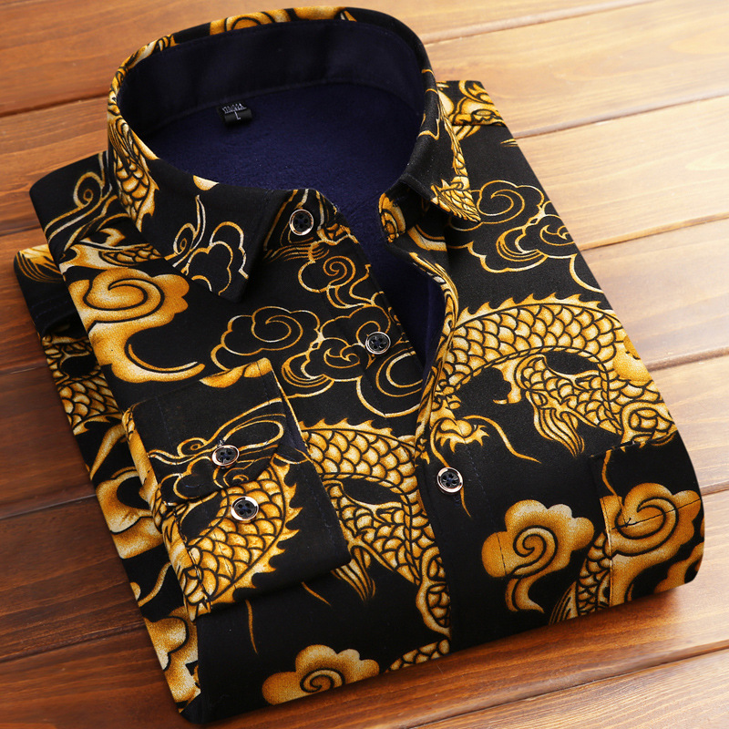 2023 Autumn and Winter Warm Shirt Men's Fleece-lined Thickened Long-sleeved Large Size Middle-aged and Elderly Printed Plaid Shirt for Dad