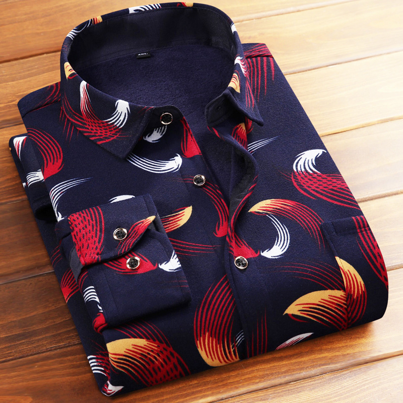 2023 Autumn and Winter Warm Shirt Men's Fleece-lined Thickened Long-sleeved Large Size Middle-aged and Elderly Printed Plaid Shirt for Dad