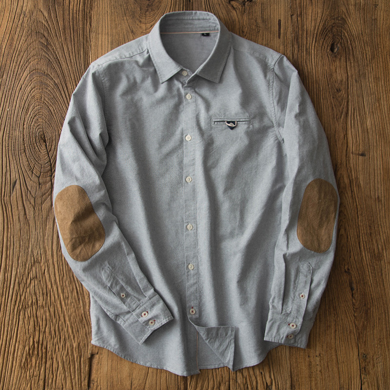 Cotton Oxford Shirt Men's Long-sleeved Japanese Style Vintage Men's Shirt Stitching Suede Patch Slim-fit Shirt for Men