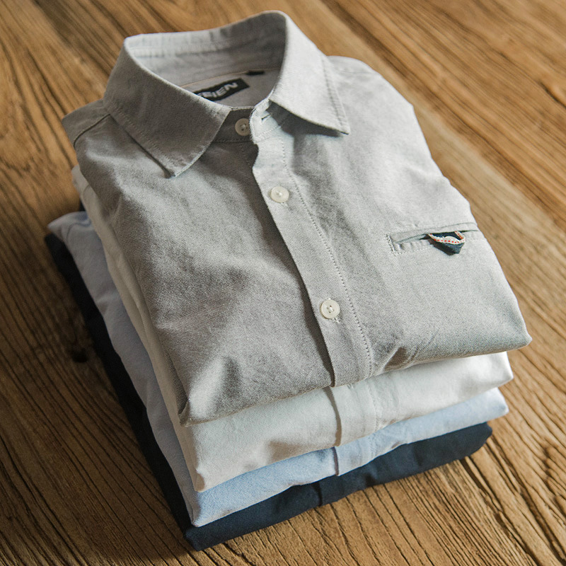 Cotton Oxford Shirt Men's Long-sleeved Japanese Style Vintage Men's Shirt Stitching Suede Patch Slim-fit Shirt for Men
