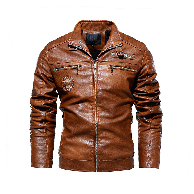 [English Details] European men's leather jacket new men's pu coat European and American motorcycle clothing plus velvet leather men