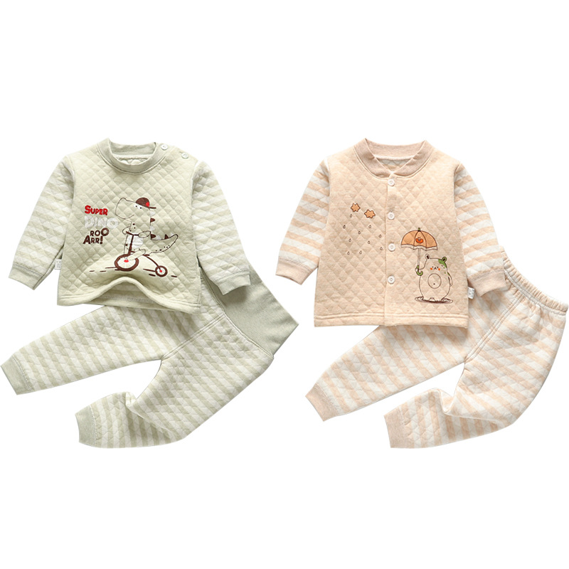 Baby's Colored Cotton Underwear Autumn and Winter Cotton Three-layer Warm Suit Small and Medium-sized Children's Thickened Pure Cotton Cardigan High Waist Pants Suit