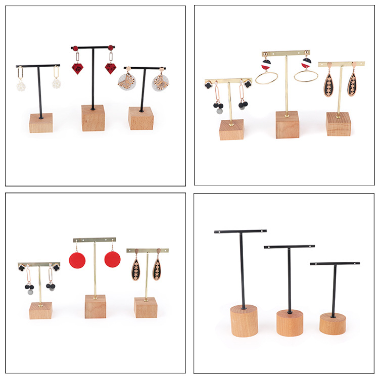 Three-piece wooden earrings with wooden background, earrings, metal earrings, display rack, iron jewelry rack