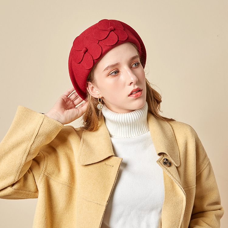 Autumn and Winter new British woolen felt hat dome fashion small bowler hat European and American elegant flower stewardess beret