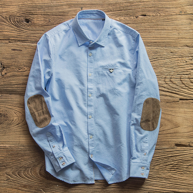 Cotton Oxford Shirt Men's Long-sleeved Japanese Style Vintage Men's Shirt Stitching Suede Patch Slim-fit Shirt for Men