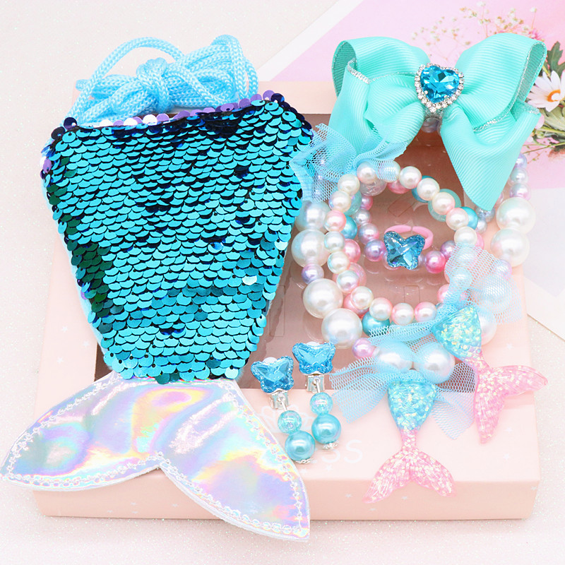 子供の魚の尾のネックレスのブレスレットのクロスボーダーのアクセサリーのセットの真珠のネックレスの漫画の魚の尾の包みの贈り物の箱の卸売り|undefined