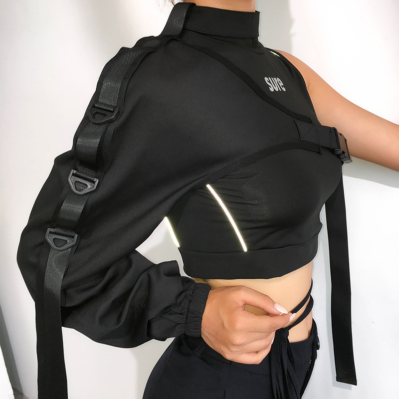 2020 Foreign Trade Cross-border Explosions Reflective Jacket New Personality Irregular Bag Buckle Long Sleeve Ribbon T-shirt Blouse