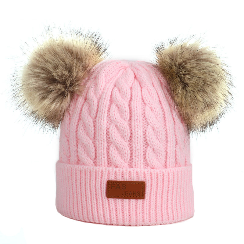 Spot 2019 autumn and winter explosions hat double fur ball children's wool hat imitation raccoon fur ball baby knitted hat