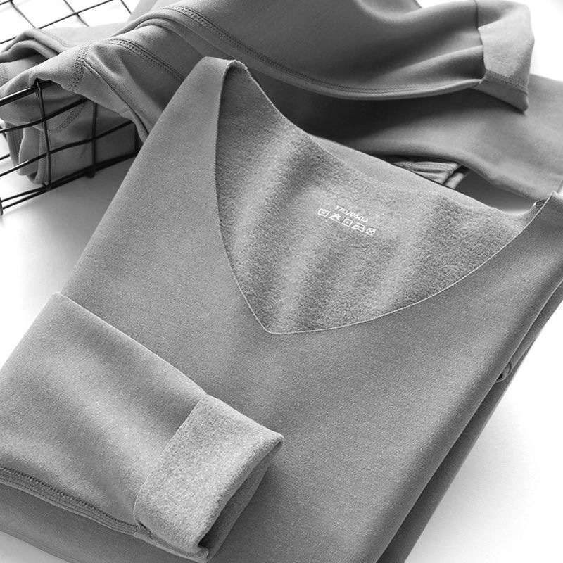 Men's thermal seamless underwear suit fleece-lined autumn and winter sanding V-neck imitation cationic velvet autumn pants insulation