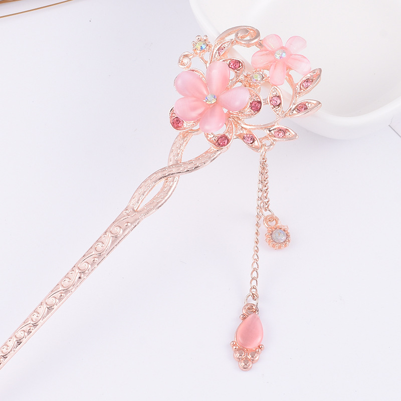 Hot selling hairpin Cat's Eye Stone twin flower classical hair clasp plate jewelry ethnic headdress Cat's Eye source manufacturers