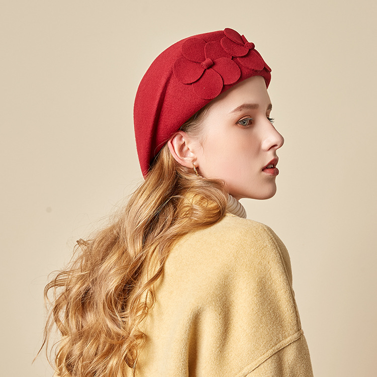 Autumn and Winter new British woolen felt hat dome fashion small bowler hat European and American elegant flower stewardess beret