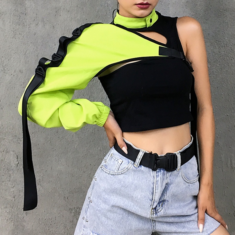 2020 Foreign Trade Cross-border Explosions Reflective Jacket New Personality Irregular Bag Buckle Long Sleeve Ribbon T-shirt Blouse